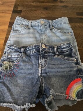Girls Light & Dark Blue Denim Shorts - Rainbow Embroidered